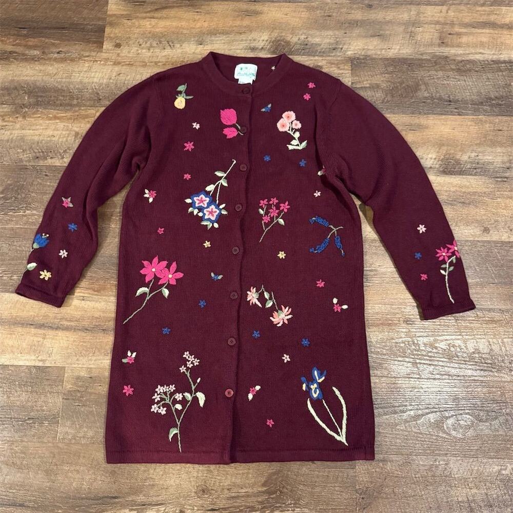 Quacker Factory Floral Long Burgundy Cardigan Duster Cottage Farmhouse FLAWS